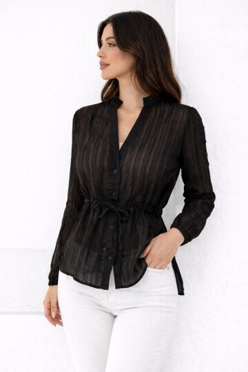 Hakim Yaka V Düğmeli Bluz Siyah