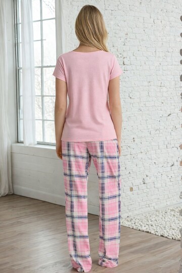 Happy Baskılı Ekose Alt Kadın Pijama Takımı – Pembe Rahat Seri