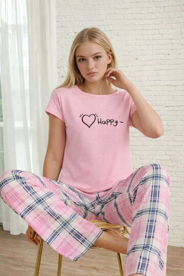 Happy Baskılı Ekose Alt Kadın Pijama Takımı – Pembe Rahat Seri