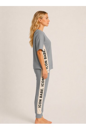 ICONE BABE Şerit Detaylı Oversize T-Shirt & Jogger Takım – Gri