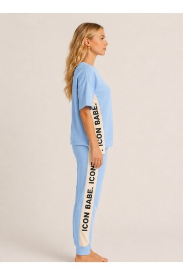 ICONE BABE Şerit Detaylı Oversize T-Shirt & Jogger Takım – Mavi
