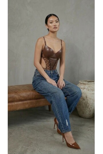 Kadın Dantelli Kahve Deri Transparan Çıtçıtlı Bodysuit