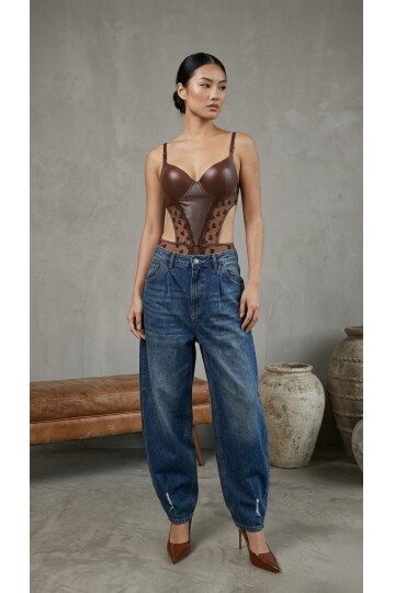 Kadın Dantelli Kahve Deri Transparan Çıtçıtlı Bodysuit