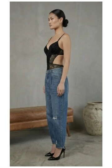 Kadın Dantelli Siyah Deri Transparan Çıtçıtlı Bodysuit