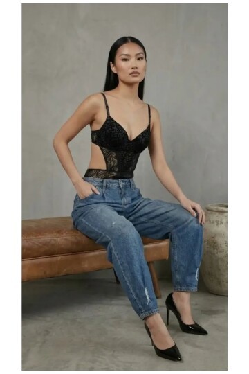 Kadın Dantelli Siyah Deri Transparan Çıtçıtlı Bodysuit