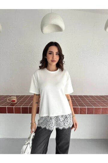 Kadın Eteği Dantel Detay T-shirt Beyaz