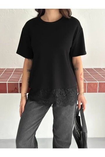 Kadın Eteği Dantel Detay T-shirt Siyah