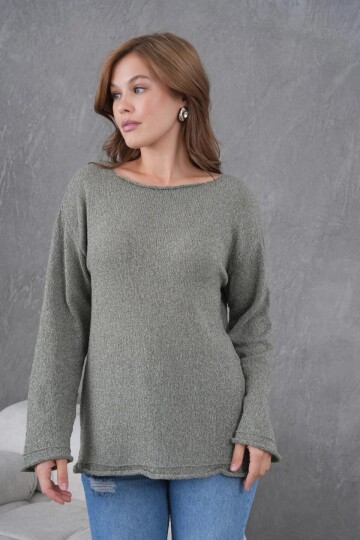 Kadın Haki Basic Oversize Kayık Yaka Dokulu Triko Kazak