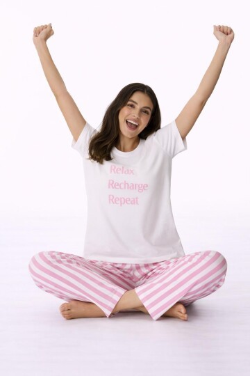 Kadın Kısa Kollu Uzun Pantolonlu Pamuklu Pijama Takımı