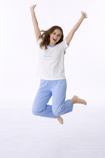 Kadın Kısa Kollu Uzun Pantolonlu Pamuklu Pijama Takımı – Rest & Relax Baskılı Mavi