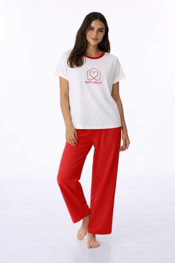 Kadın Kısa Kollu Uzun Pantolonlu Pamuklu Pijama Takımı – Rest & Relax Baskılı Mavi