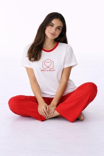 Kadın Kısa Kollu Uzun Pantolonlu Pamuklu Pijama Takımı – Rest & Relax Baskılı Mavi