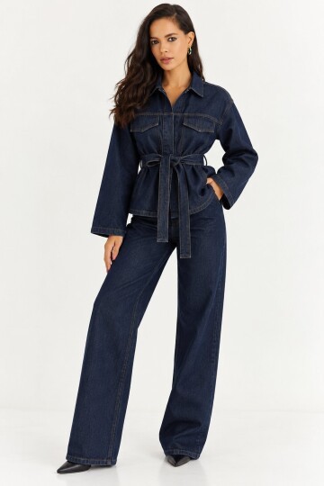 Kadın Koyu Lacivert Denim Kuşaklı Ceket & Bol Paça Jean İkili Takım