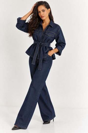 Kadın Koyu Lacivert Denim Kuşaklı Ceket & Bol Paça Jean İkili Takım