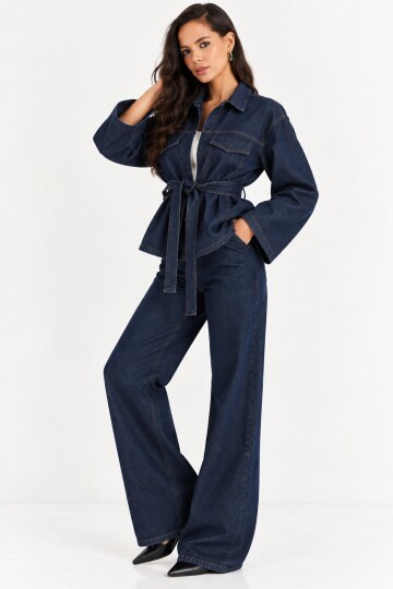 Kadın Koyu Lacivert Denim Kuşaklı Ceket & Bol Paça Jean İkili Takım