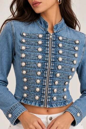 Kadın Premium Metal Düğme Detaylı Crop Denim Ceket