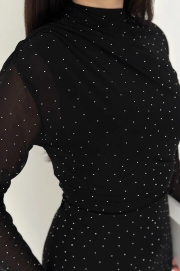 Kadın Puantiye Desenli Transparan Kollu Elbise