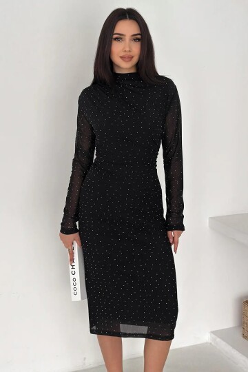 Kadın Puantiye Desenli Transparan Kollu Elbise