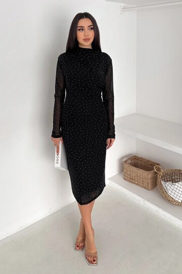 Kadın Puantiye Desenli Transparan Kollu Elbise