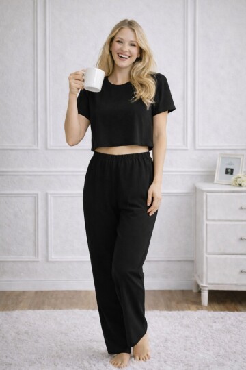 Kadın Siyah Alt Üst Pijama Takımı - Ev Giyimi