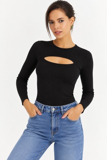 Kadın Siyah Kaşkorse Bluz Göğüs Dekolteli Uzun Kollu Bisiklet Yaka Fitilli Bluz