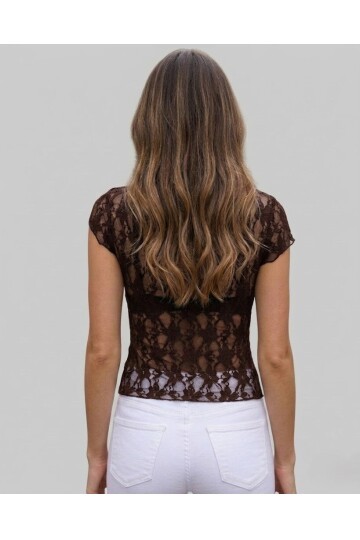 Kahverengi Dantel Kayık Yaka Asimetrik Kesim Bluz