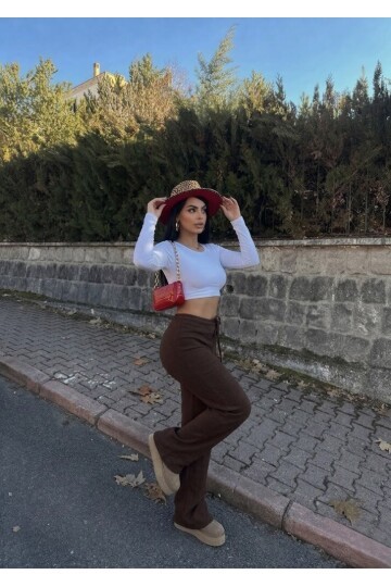 Kaşkorse Kumaş Kuş gözlü Kahverengi Eşofman Pantolon