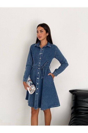 Kemer Detaylı Düğmeli Jean Gömlek Elbise