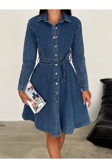 Kemer Detaylı Düğmeli Jean Gömlek Elbise