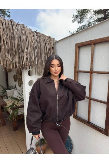 Kemer Detaylı Oversize Denim Ceket – Kahverengi