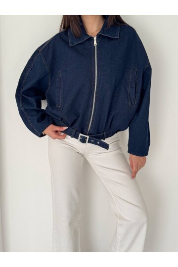 Kemer Detaylı Oversize Denim Ceket – Lacivert