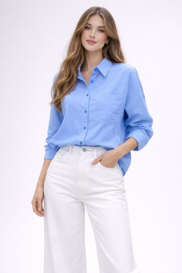 Mavi Çizgili Jakar Kumaş Oversize Gömlek