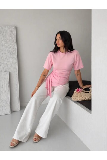 Pembe Asimetrik Drapeli Modern Basic Bluz