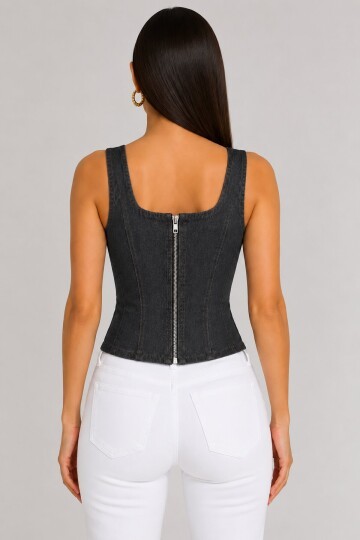 Retro Denim Bağcıklı Korse – Lacivert