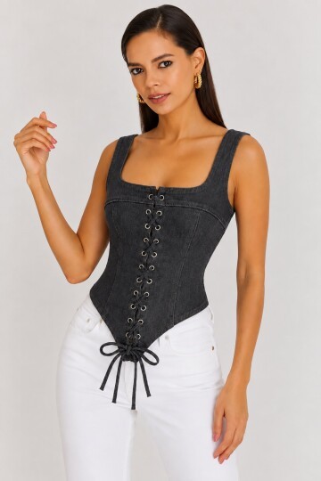 Retro Denim Bağcıklı Korse – Lacivert