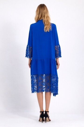 Saks Hakim Yaka Düğmeli Tül Detaylı Viskon Elbise