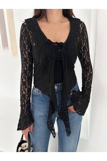 Siyah Dantel Bağlama Detaylı Transparan Bluz – Uzun Kollu Şık Kadın Bluz