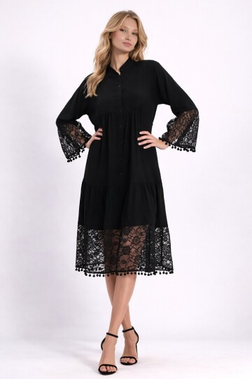 Siyah Hakim Yaka Düğmeli Tül Detaylı Viskon Elbise