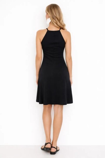 Siyah Kaşkorse Halter Yaka Mini Elbise