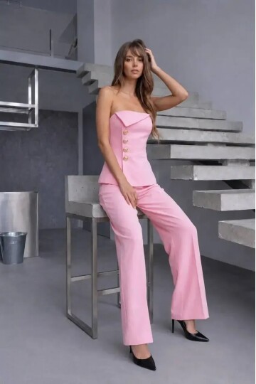 Straplez Bluz ve Pantolon Alt Üst Takım Pembe