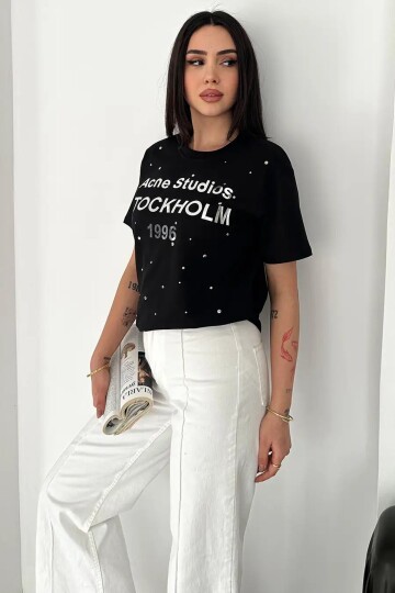 Taş Detaylı Yazılı Tişört Siyah