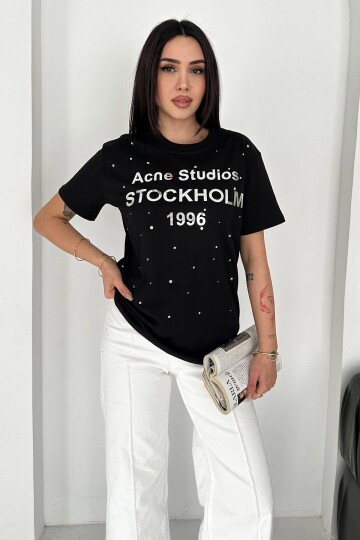 Taş Detaylı Yazılı Tişört Siyah