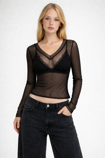 Transparan Uzun Kollu Tül Bluz