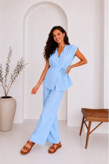 Yazlık Şık Kruvaze Bluz Pantolon Takım